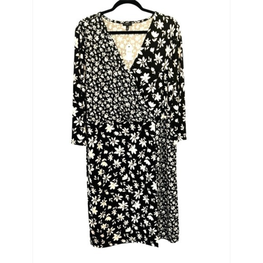 NWT Talbots Bicolor Floral Faux Wrap Dress 2X Jersey Stretch Black White DR-1591 - Picture 2 of 10